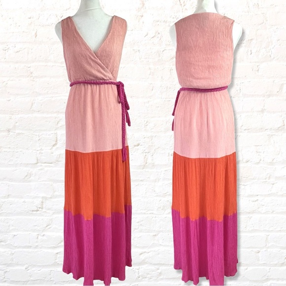 Flying Tomato Crinkle Gauze Colorblock Maxi Dress Pink Orange Braided Tie XS - Picture 1 of 9